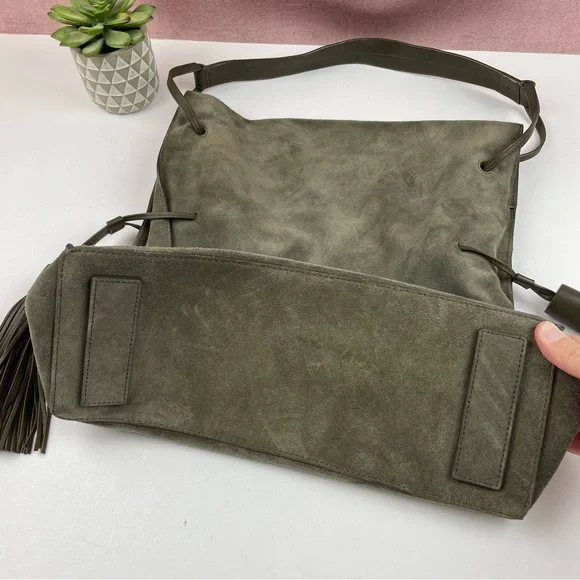 All Saints Cow Leather Gray Black Tassel Purse Bag Liberty Hobo Slouchy - Picture 4 of 12